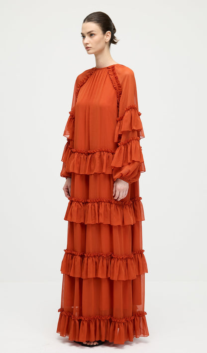 Ruffle Tiered Puff Sleeve Maxi Dress In Orange