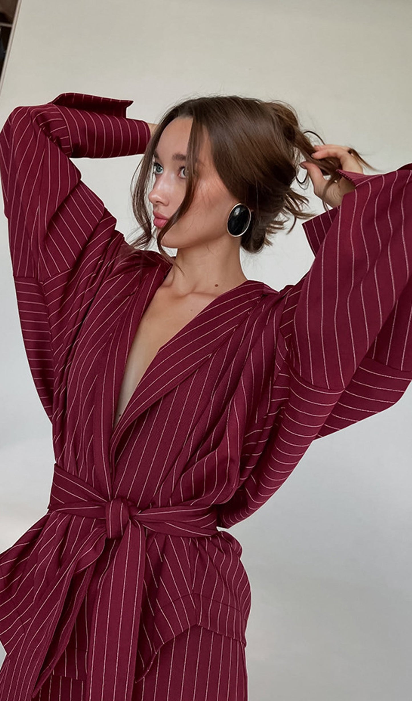 Striped Deep V Neck Tie-Up Maxi Skirt Two Piece Set