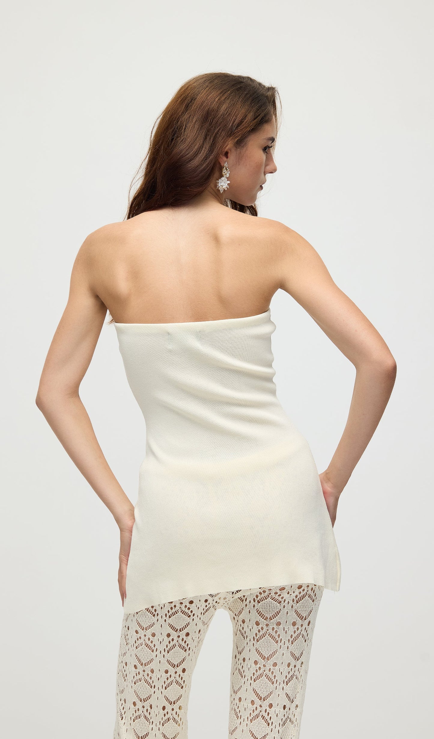 Bandage Knit Top & Crochet Knit Pants In Ivory