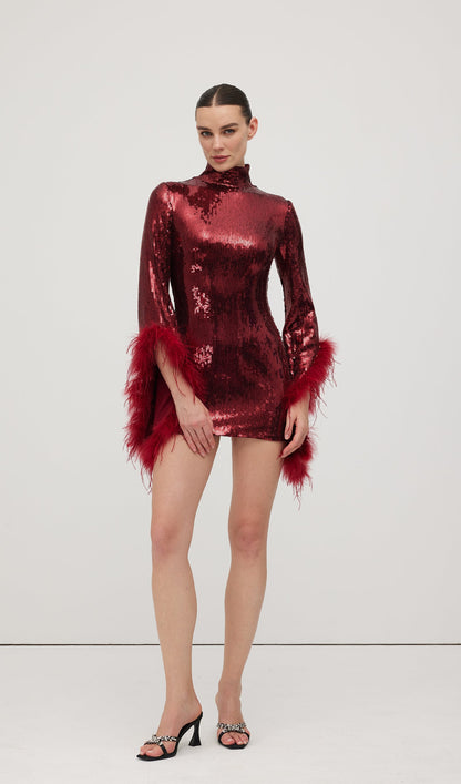 Feather Trimmed Sequined Mini Dress