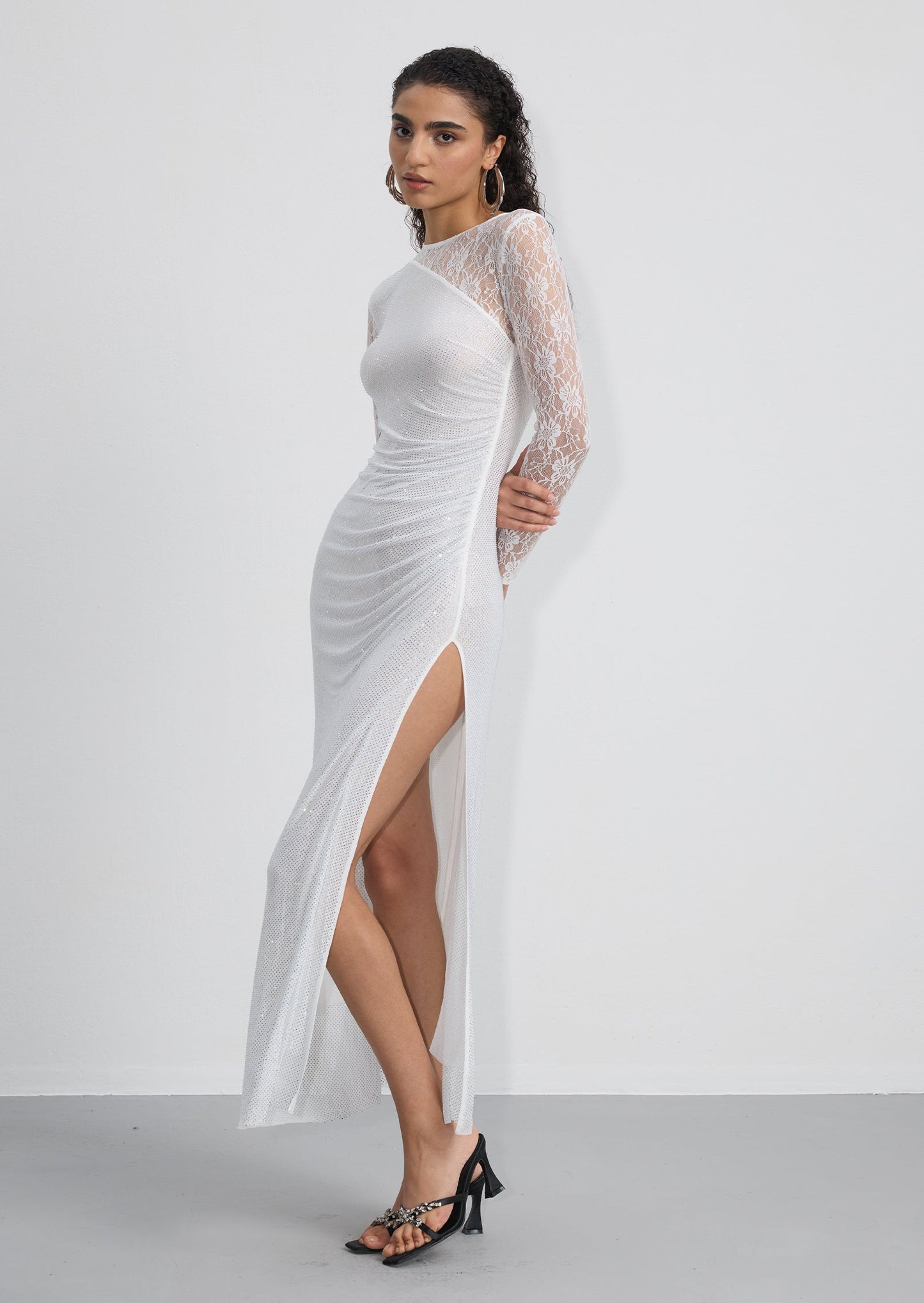 Rhinestone Lace Sleeves Maxi Dress In White