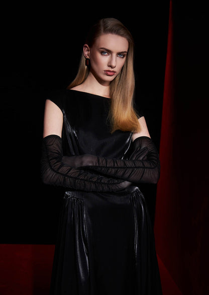 Shiny Midi Dress With Gathered Skirt
