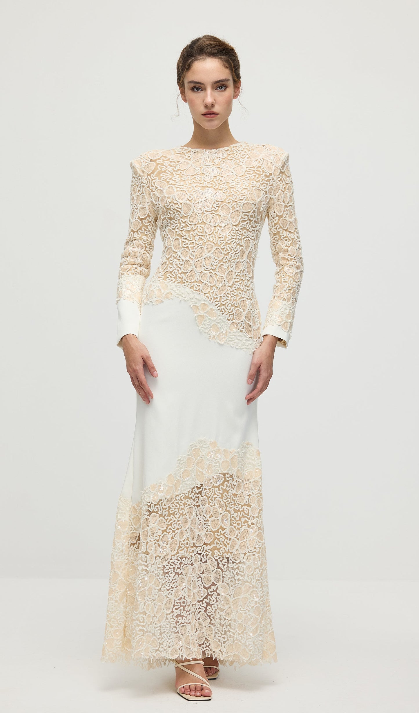 Textured Floral Embroidered Sequined Maxi Dress In Ivory