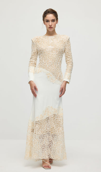 Textured Floral Embroidered Sequined Maxi Dress In Ivory
