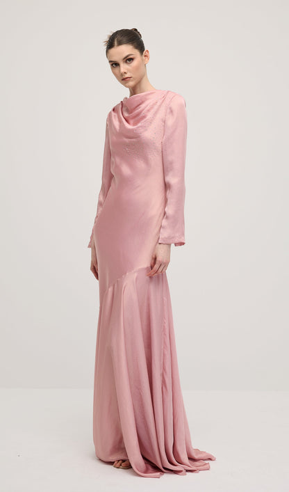 Fitted Satin With Rhinestones Maxi Dress In Pink