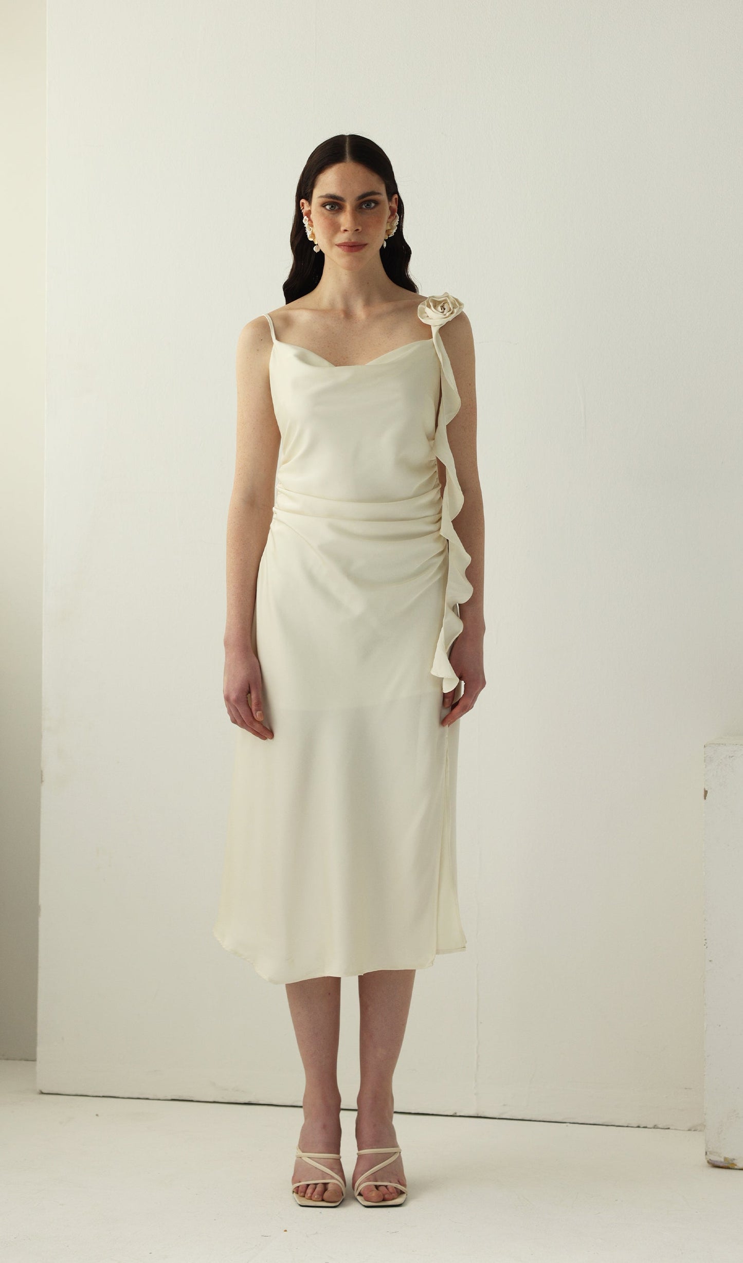 Satin Ruched Midi Slip Dress
