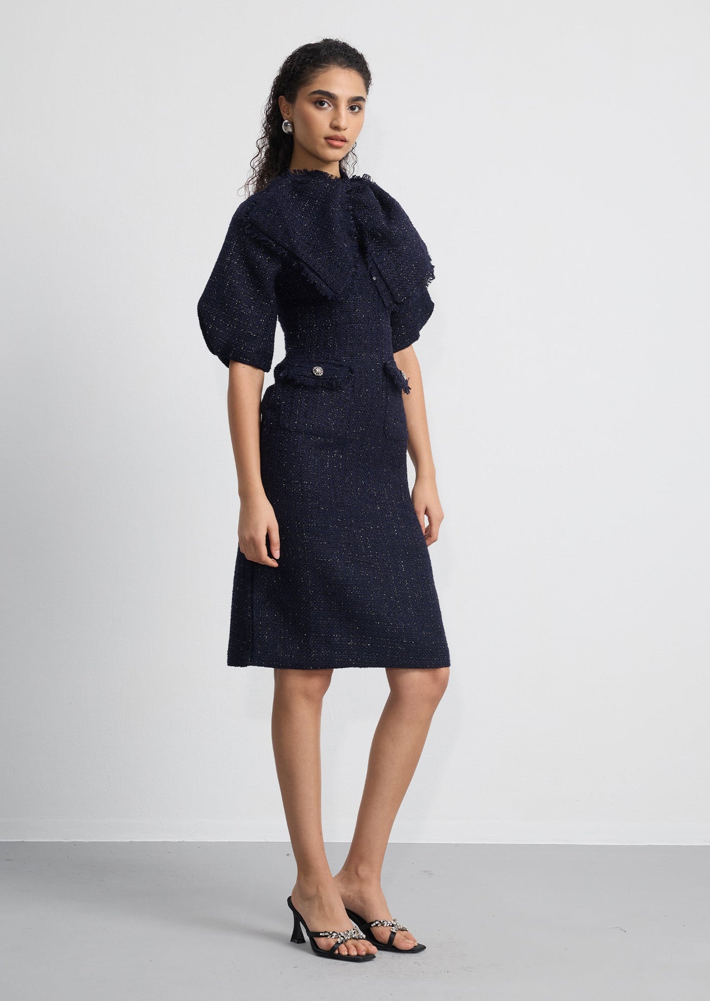 Bow Neck Puff Sleeve Tweed Mini Dress