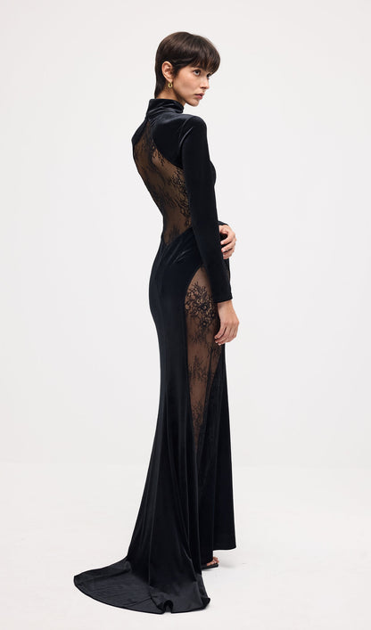 Semi-Sheer Lace Velvet Maxi Dress