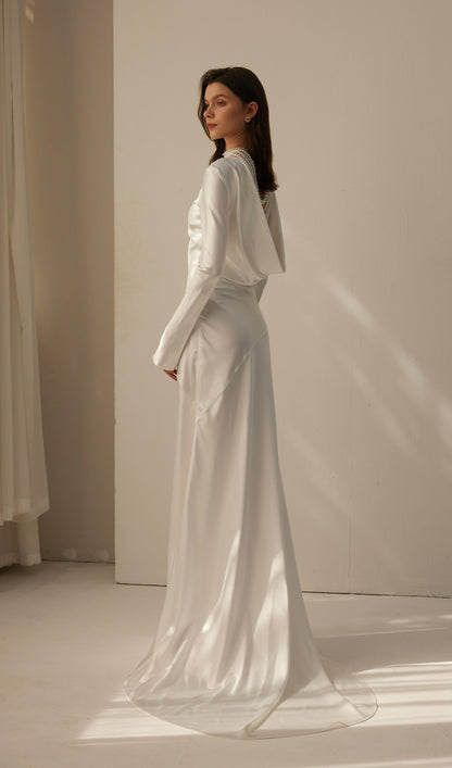 White Satin Long Sleeved Slim Evening Dress