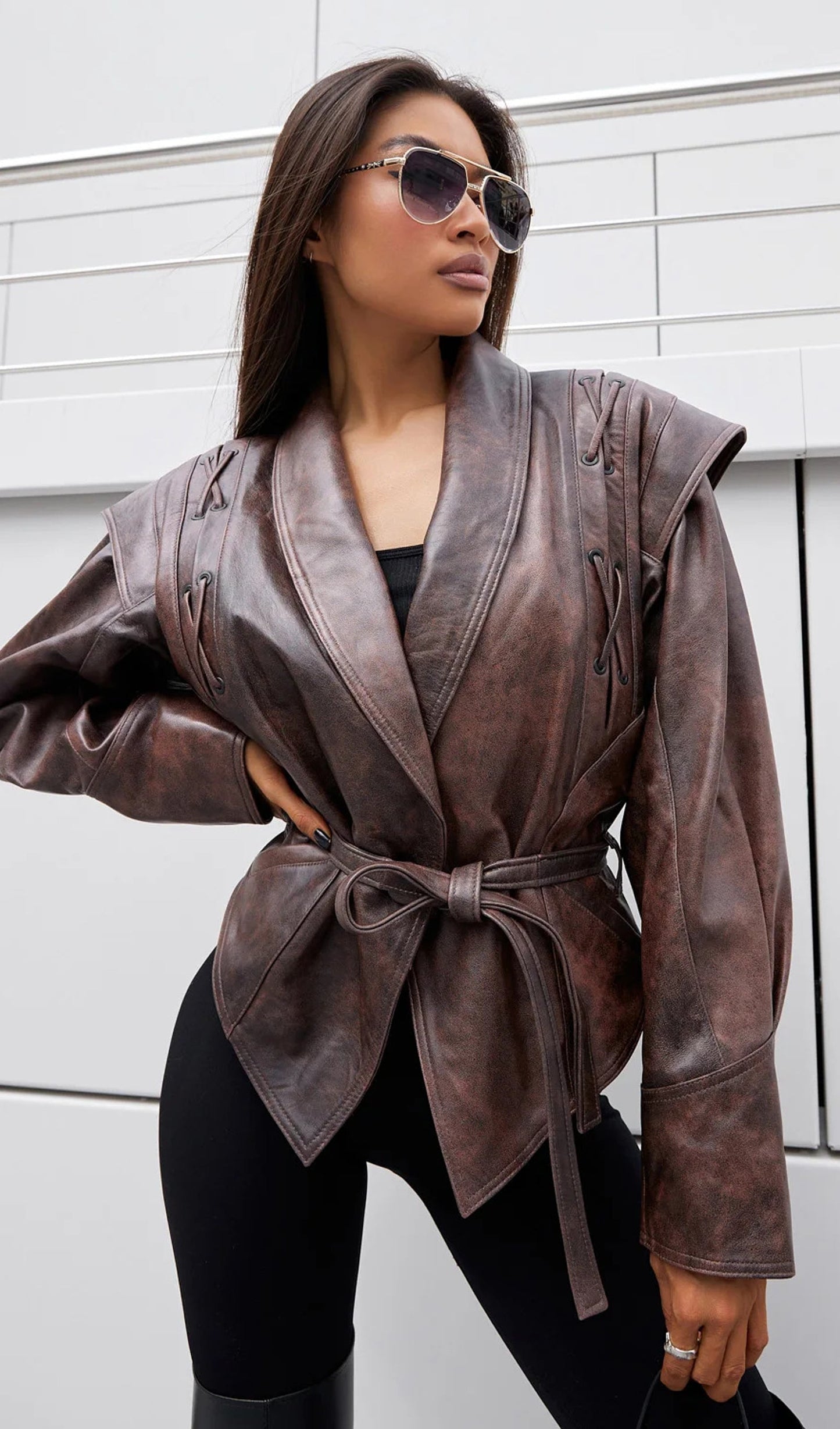 Tie-Waist Faux Leather Jacket In Brown