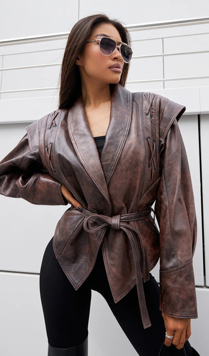 Tie-Waist Faux Leather Jacket In Brown