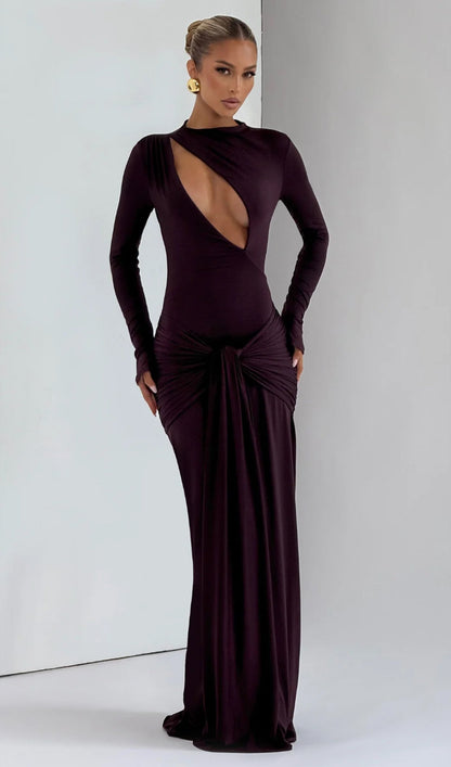 Solid Gathered Tie Cut-Out Maxi Dress