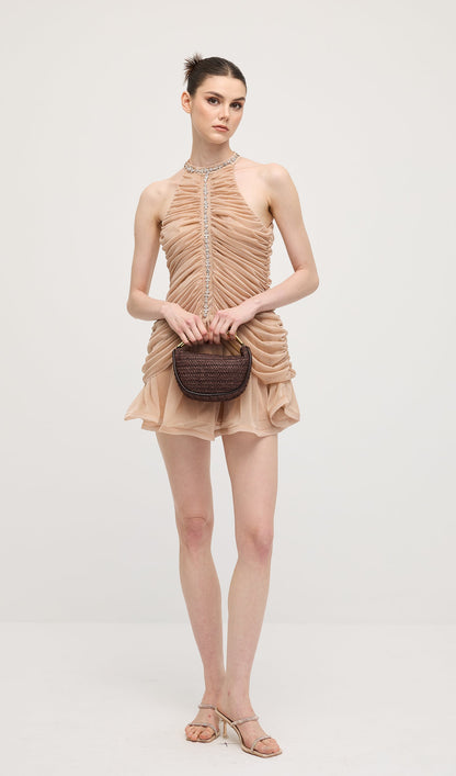 Embellished Ruched Mini Dress In Apricot