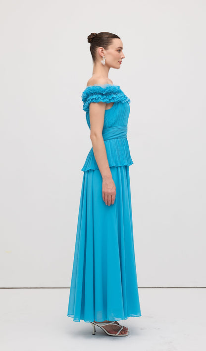 Solid Tiered Pleated Strapless Gown Maxi Dress