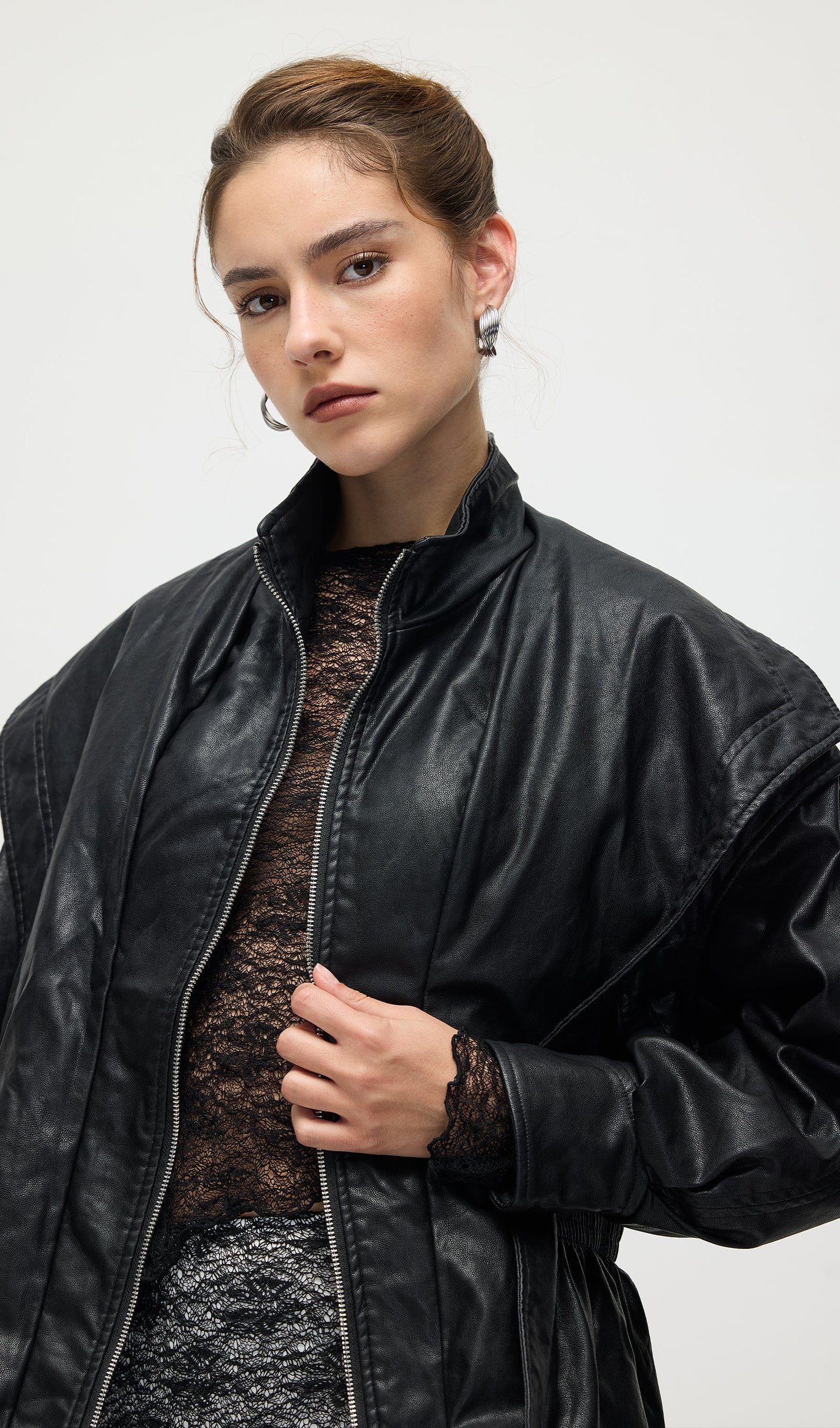 Waisted Lapel Leather Jacket In Black