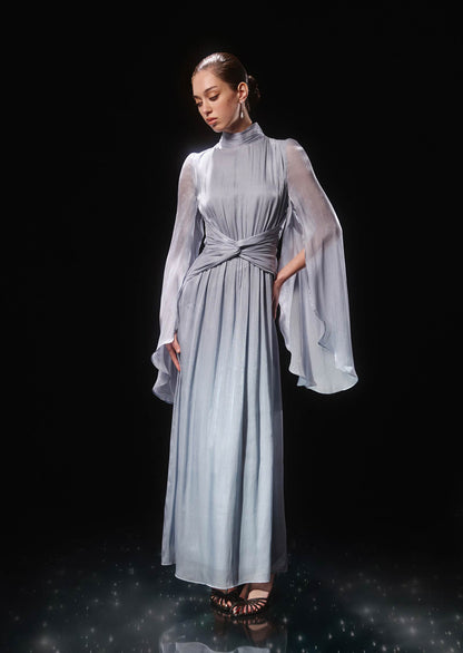 Metallic Fabric Maxi Dress With Light Sleeves