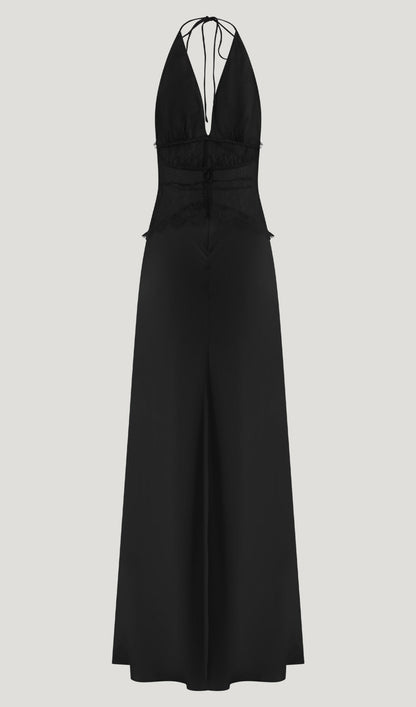 Lace And Satin Maxi Dress In Black