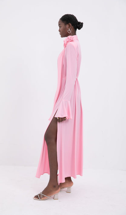 Trendy V-Neck Pleated Slit Maxi Dress-Pink