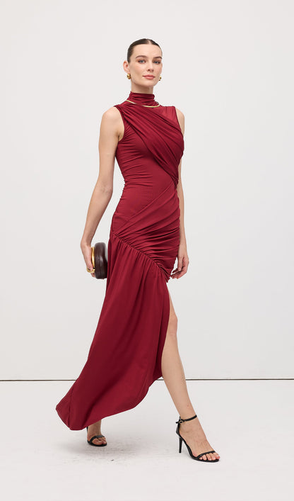 Asymmetrical Draping Mini Dress Claret