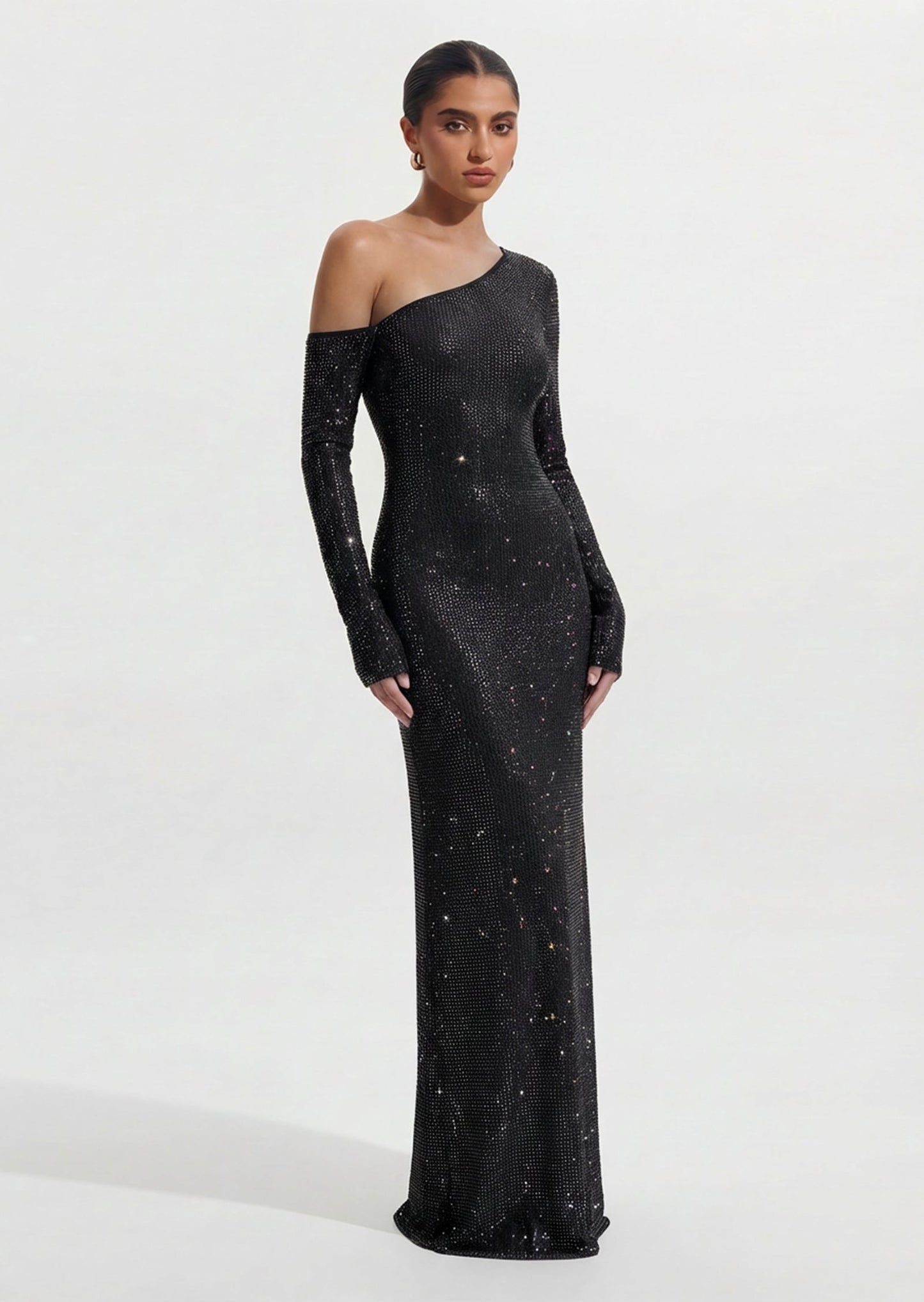 Diamante Long Sleeve Maxi Dress In Black