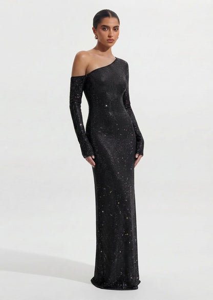 Diamante Long Sleeve Maxi Dress In Black
