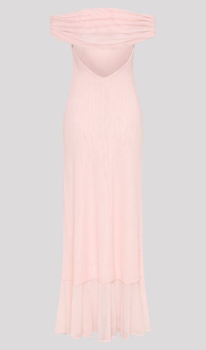 Off Shoulder Mesh Maxi Dress In Pale Pink