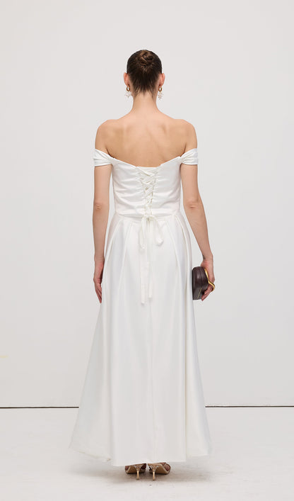 Off Shoulder Satin Maxi Dress