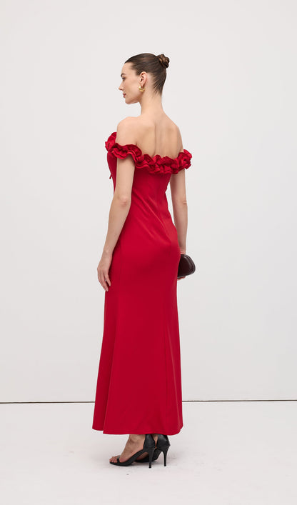 Ruffle Off Shoulder Maxi Dress Red