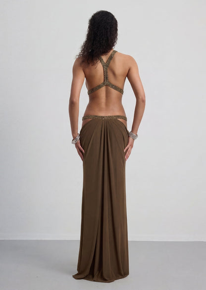 Open Back Cut Out Maxi Dress In Moss
