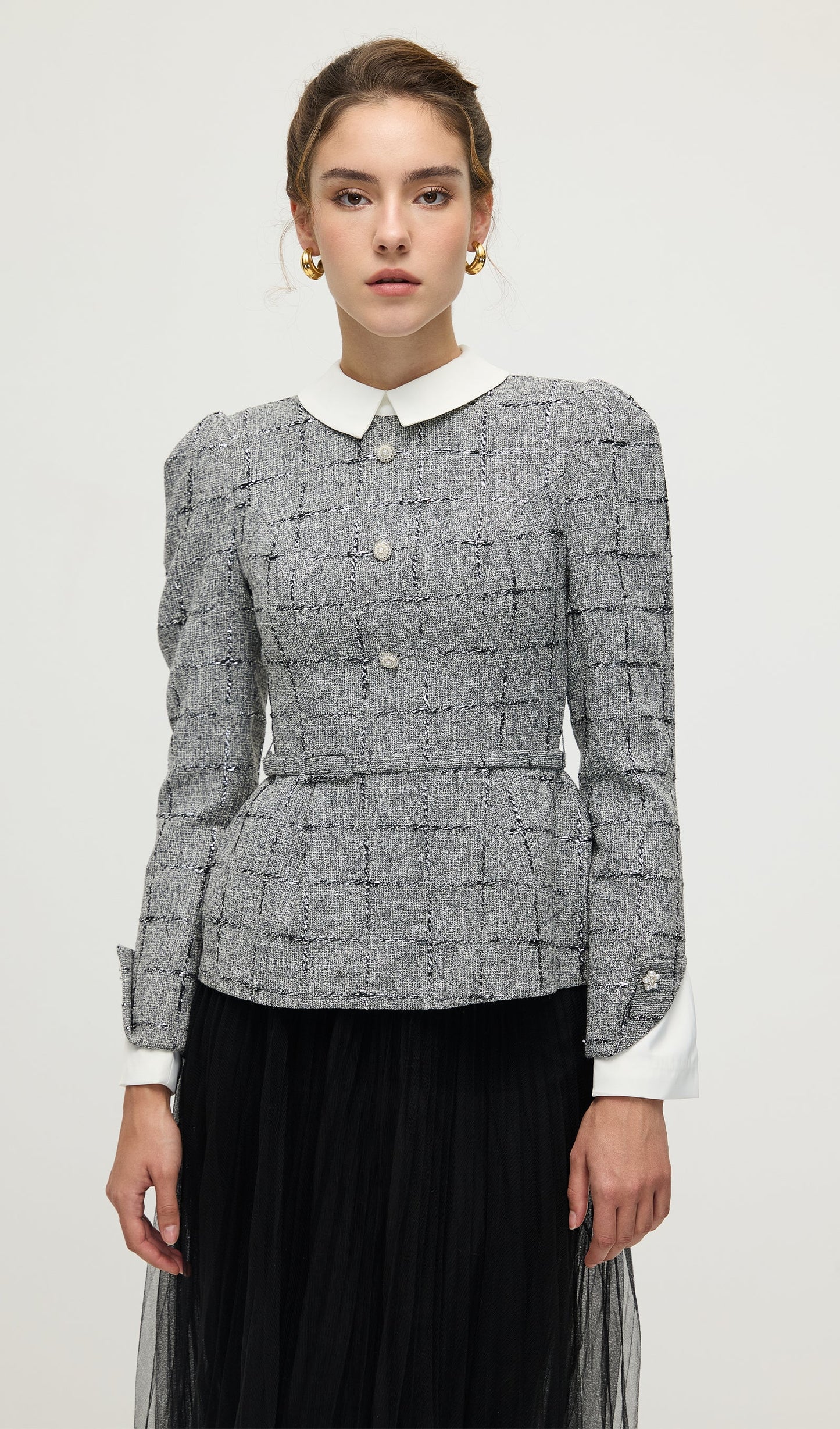 Peplum Tweed Top & Mesh Midi Skirt Set