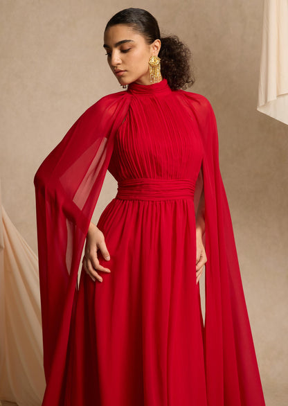 Layali Rose Cape Effect Gathered Chiffon Gown
