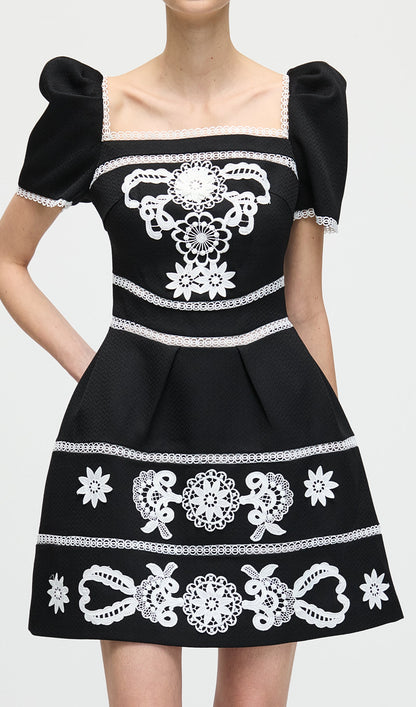 A Line Embroidered Puff Sleeves Mini Dress