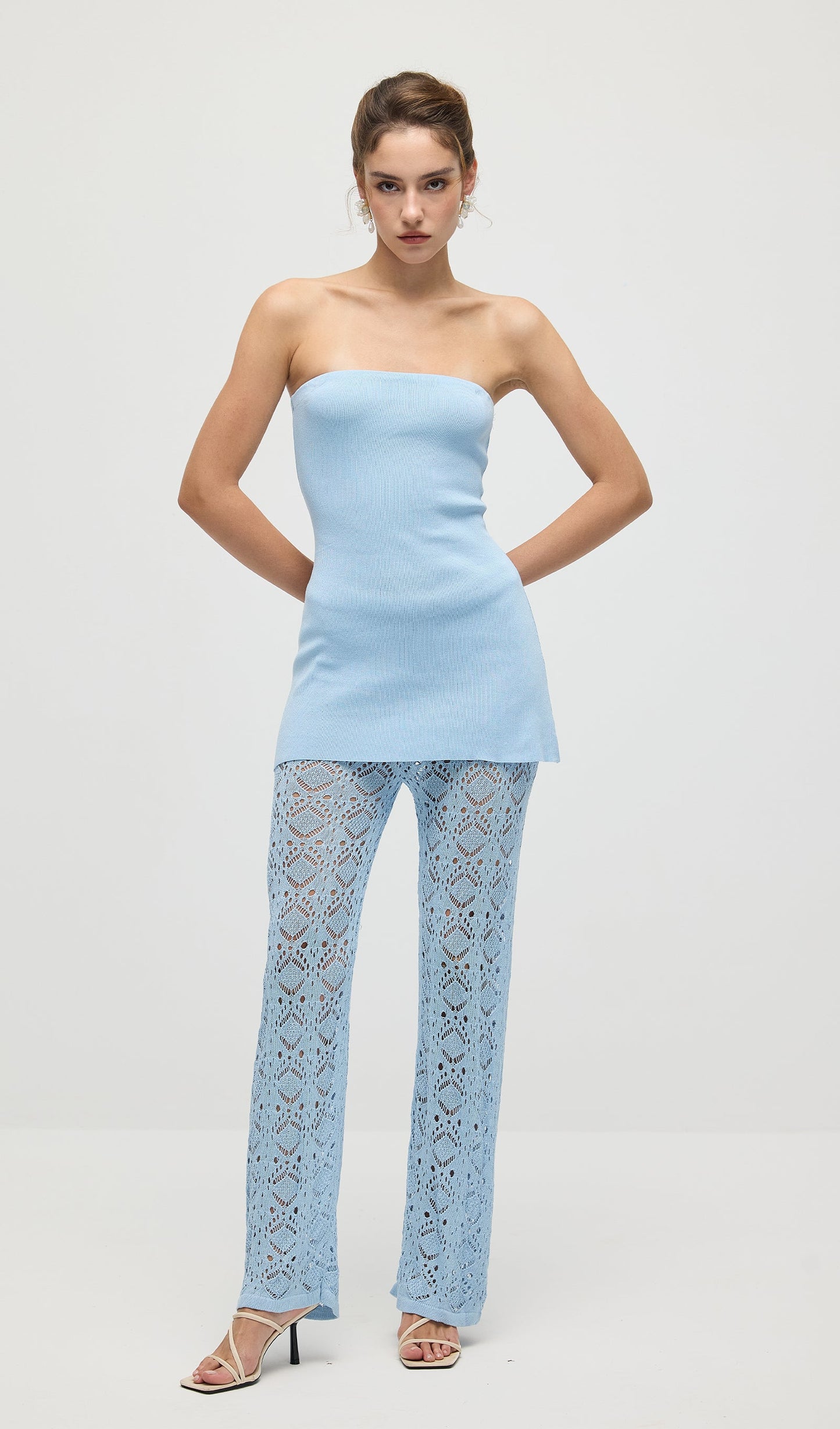 Bandage Knit Top & Crochet Knit Pants In Blue