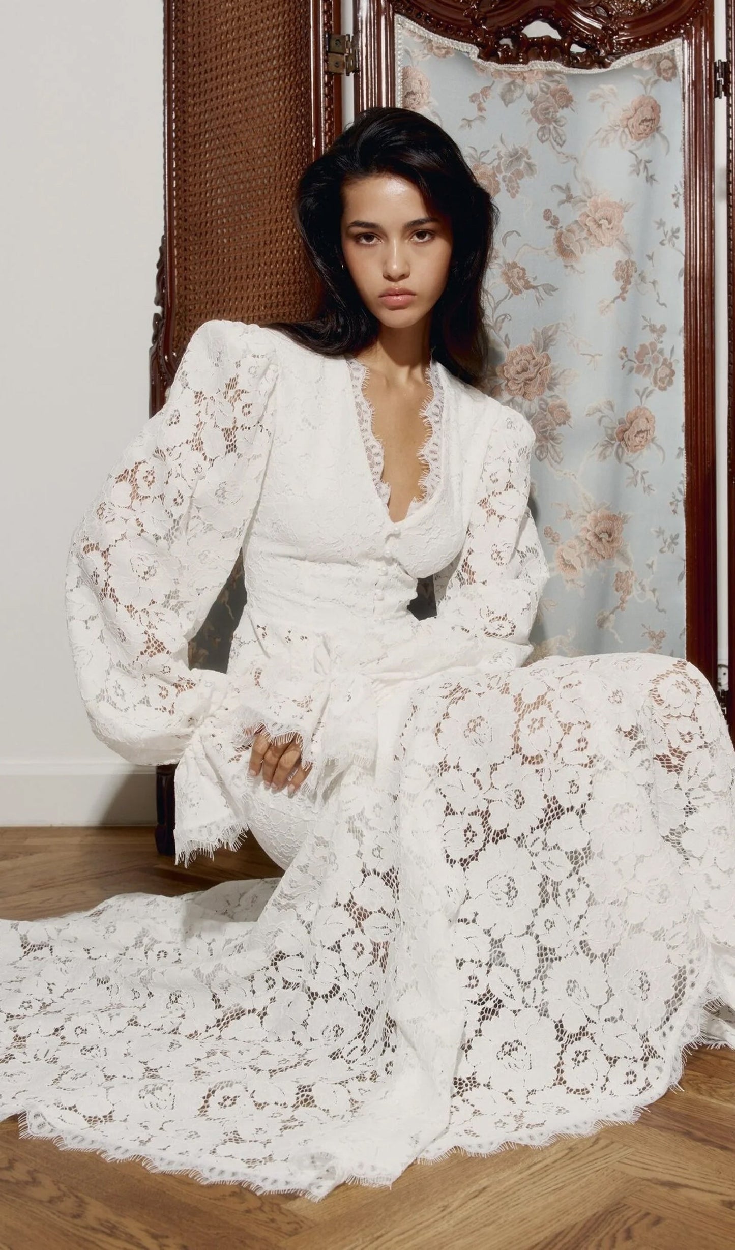 Lace Trimmed Puff Sleeved Top & Fishtail Skirt Set