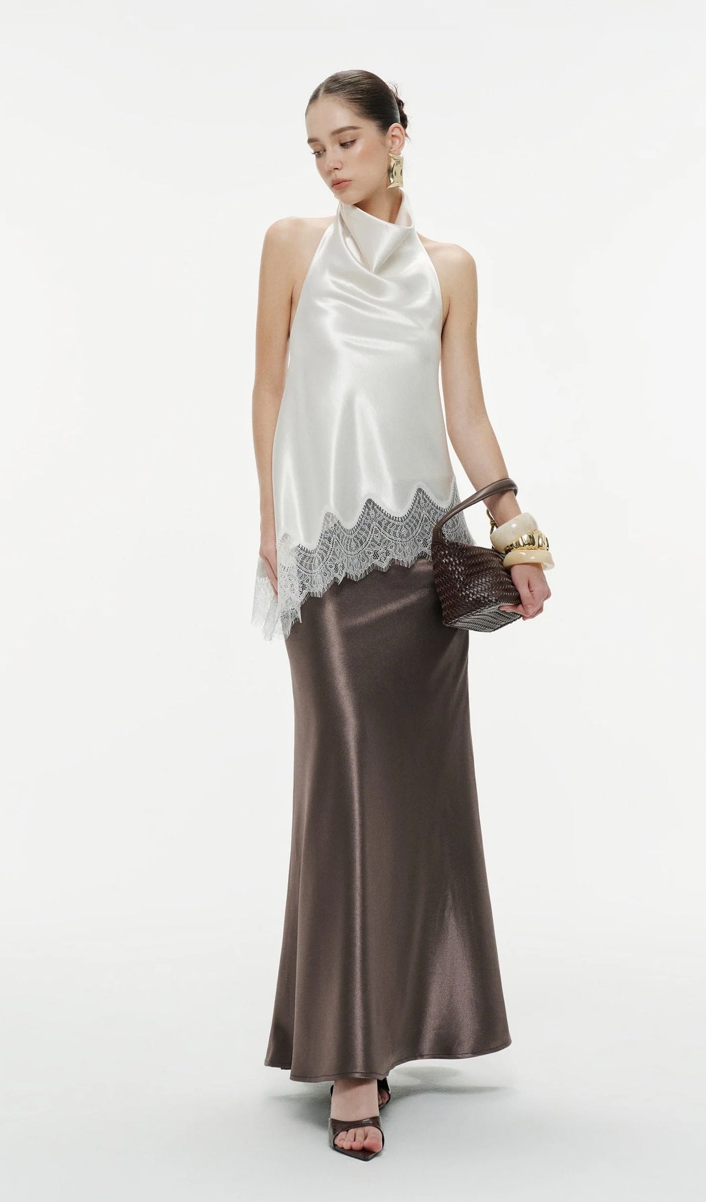 Silk Draped Halter Top In White