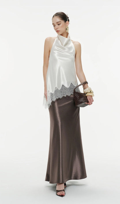 Silk Draped Halter Top In White