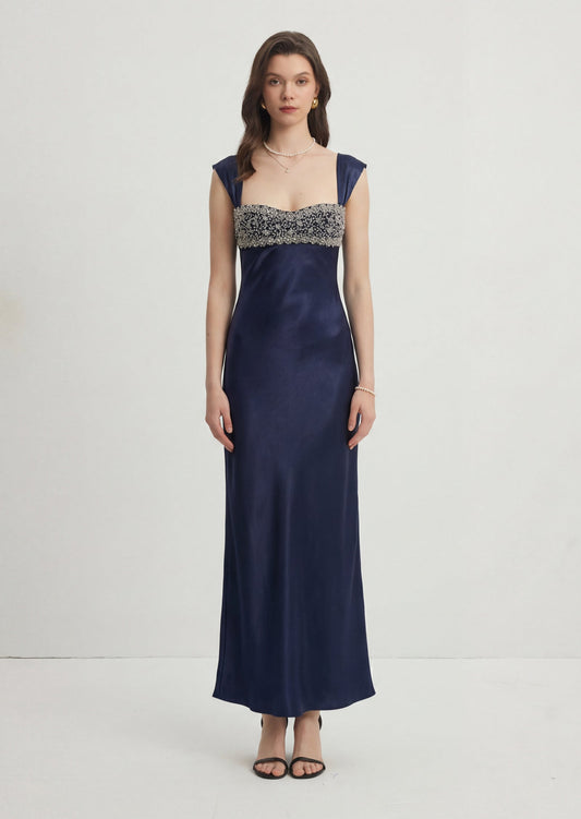 Satin Embellished Maxi Dress In Navy
