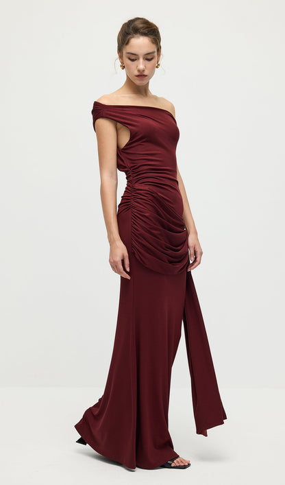 Solid Slinky Fishtail Maxi Dress In Mahogany