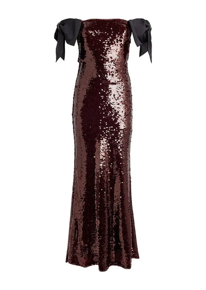 Brown Sequin Bow Maxi Dress