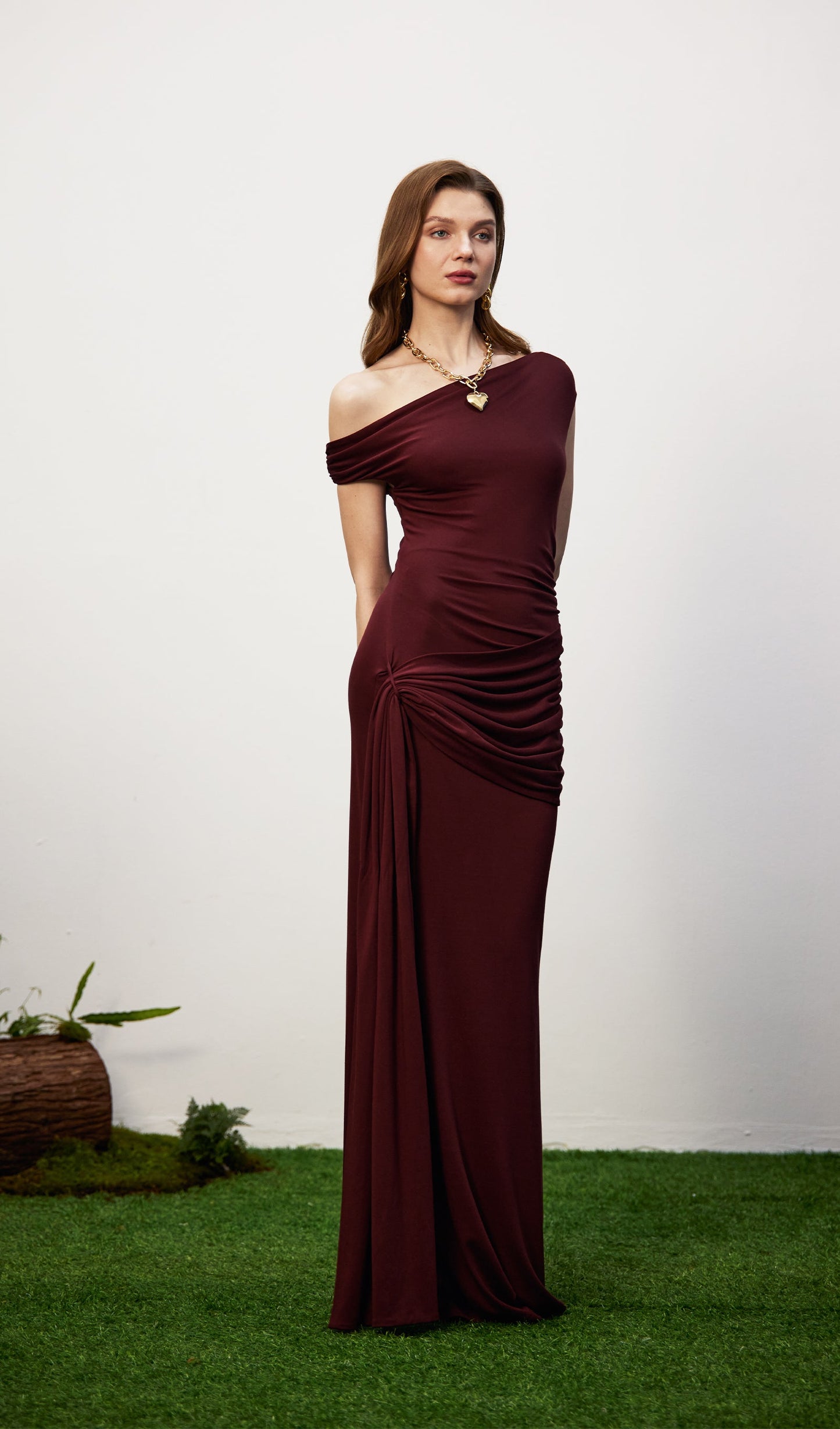 Solid Slinky Fishtail Maxi Dress - Mahogany