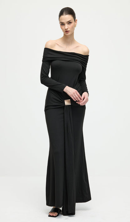 Off Shoulder Ruffle Maxi Dress In Black