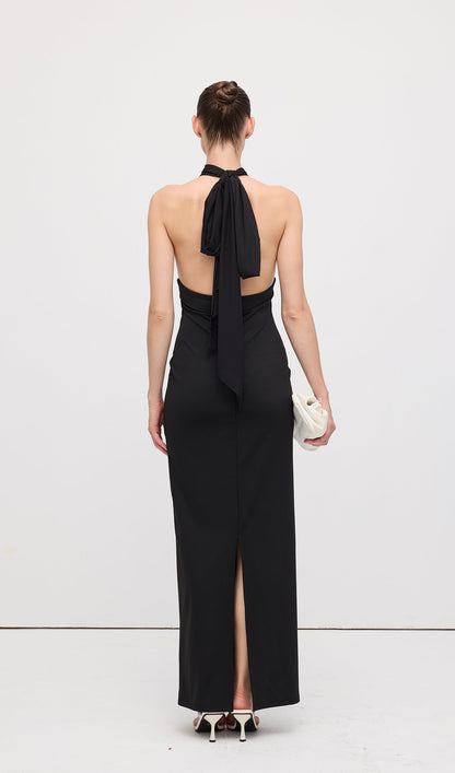 Halter Mesh Maxi Dress In Black