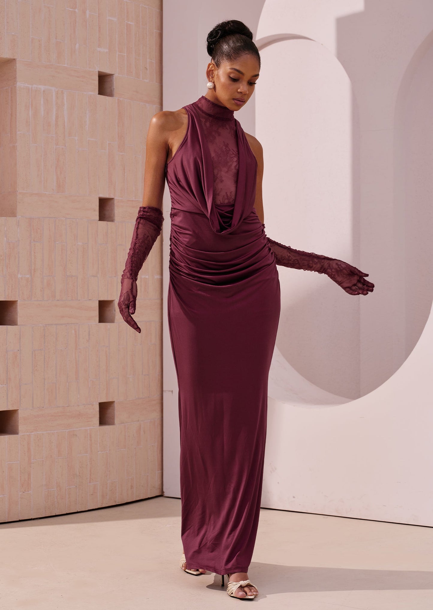 Lace Bodice Ruched Maxi Dress