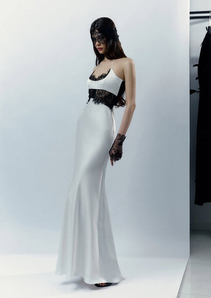 Halter Satin And Lace Corset Maxi Dress