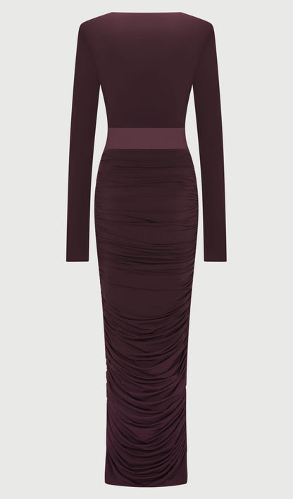 Slinky Long Sleeve Maxi Dress In Burgundy