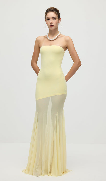 Off Shoulder Jersey With Mesh Maxi Dress In Yellow