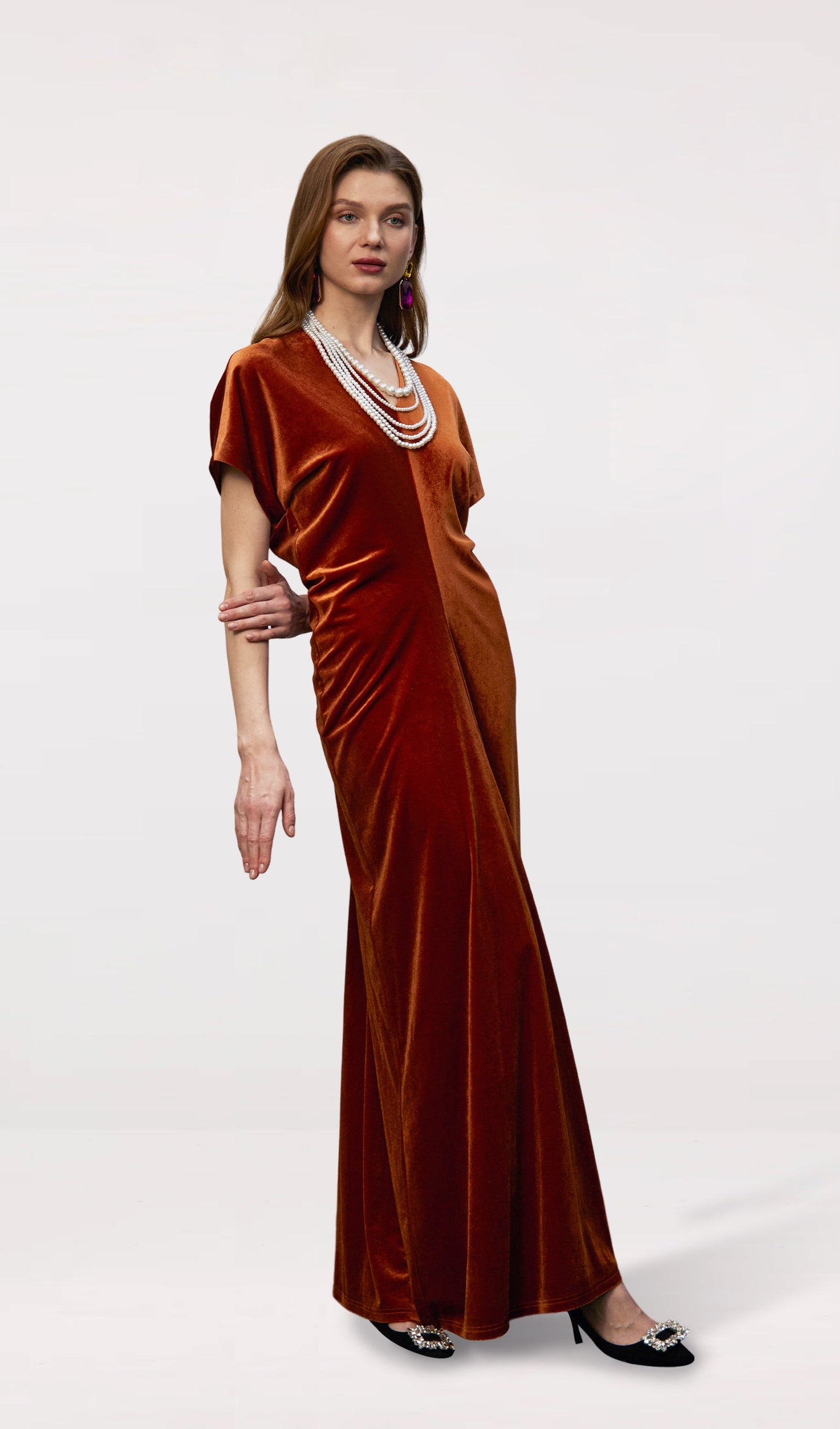Bias-Cut Velvet Maxi Dress-Copper