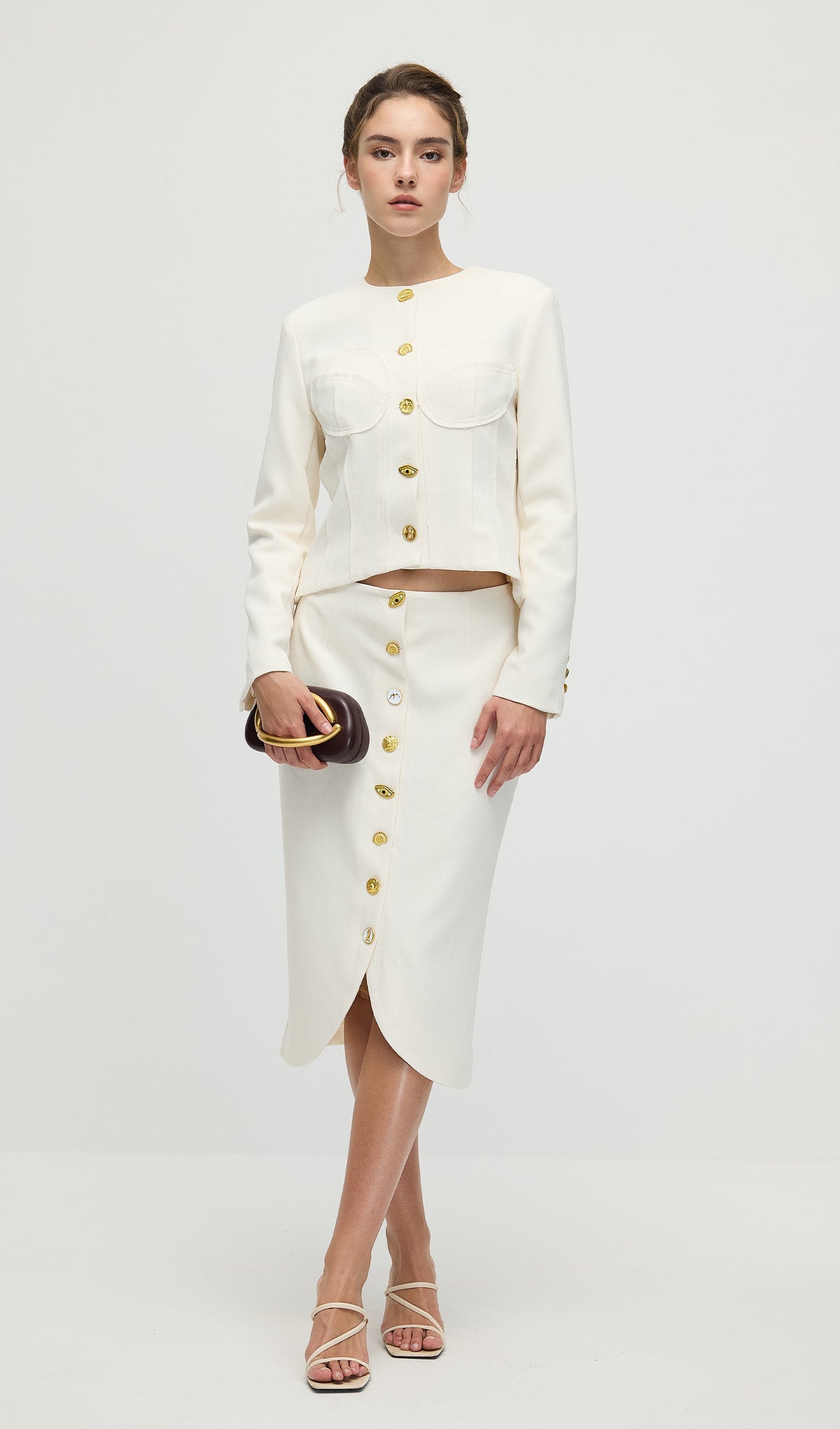 Long Sleeved Back Tie Two-Piece Set In White