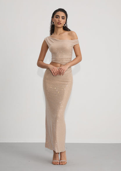 Diamante One Shoulder Maxi Dress In Gold