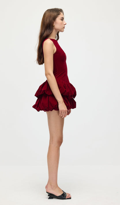 Velvet Tiered Mini Dress In Red